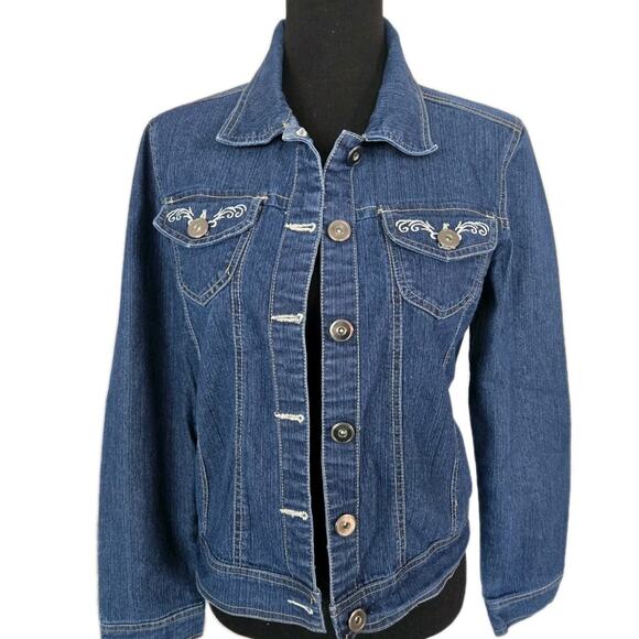 Vintage 90s Embroidered Country Cottage Medium Blue Denim Jacket Womens Sz PM - Picture 1 of 11